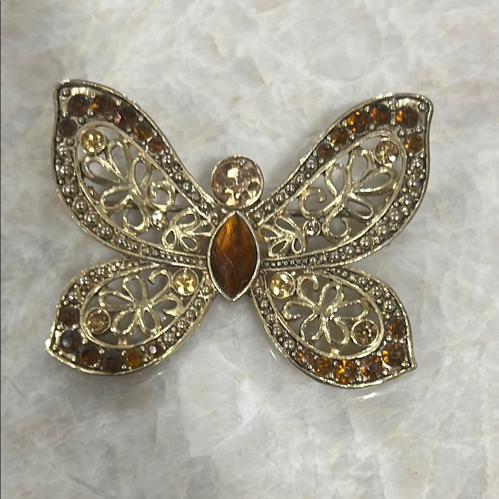 Gold and Amber Orange Tone Butterfly Brooch